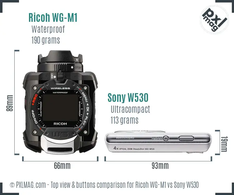 Ricoh WG-M1 vs Sony W530 top view buttons comparison