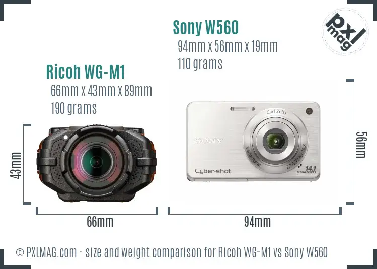 Ricoh WG-M1 vs Sony W560 size comparison