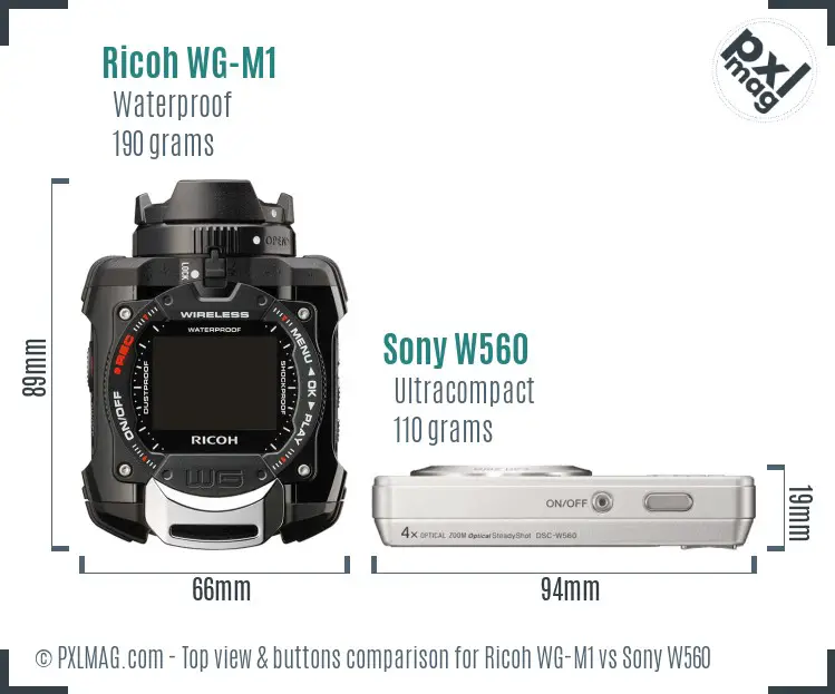 Ricoh WG-M1 vs Sony W560 top view buttons comparison