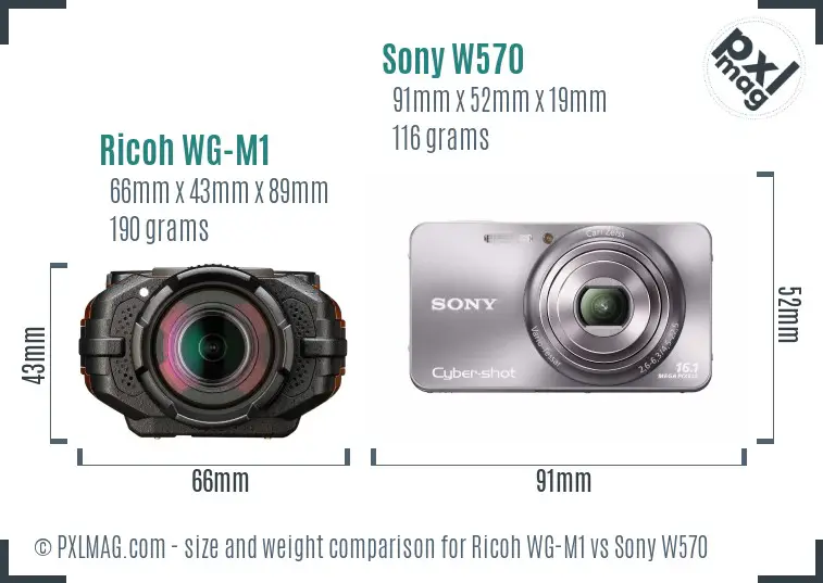 Ricoh WG-M1 vs Sony W570 size comparison