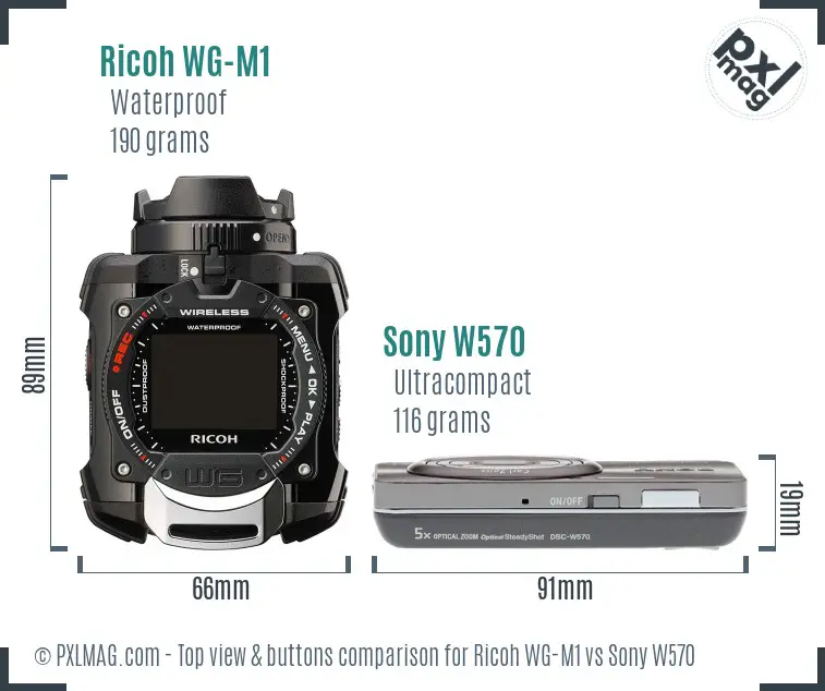 Ricoh WG-M1 vs Sony W570 top view buttons comparison