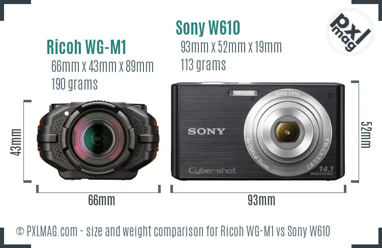 Ricoh WG-M1 vs Sony W610 size comparison