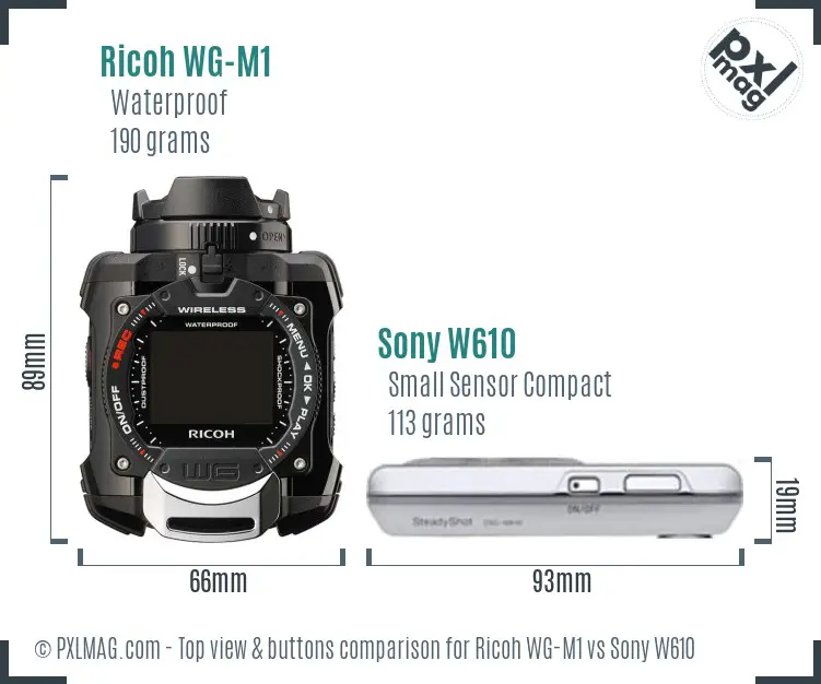 Ricoh WG-M1 vs Sony W610 top view buttons comparison