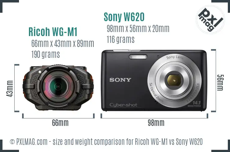 Ricoh WG-M1 vs Sony W620 size comparison