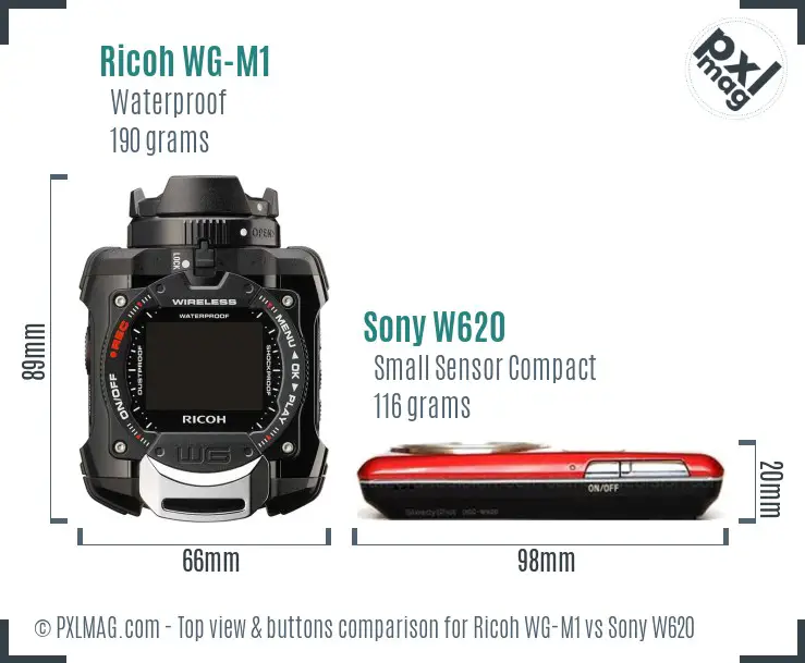 Ricoh WG-M1 vs Sony W620 top view buttons comparison