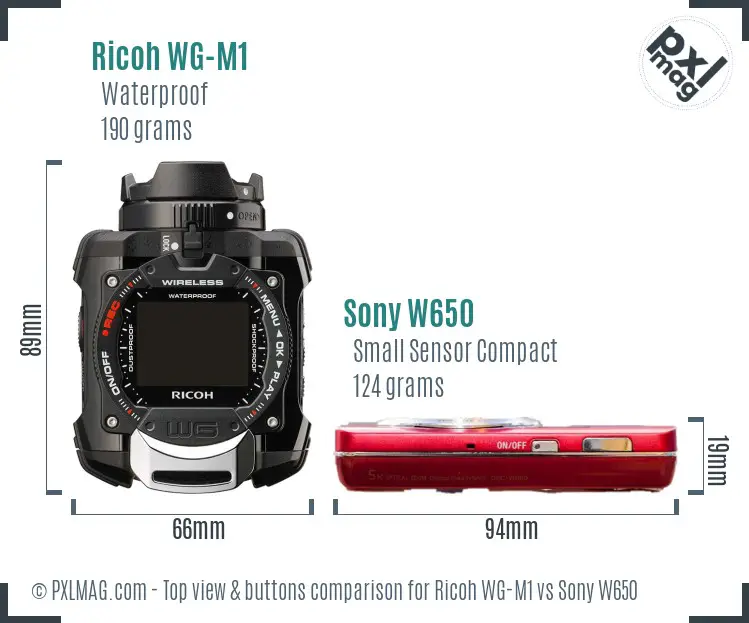 Ricoh WG-M1 vs Sony W650 top view buttons comparison