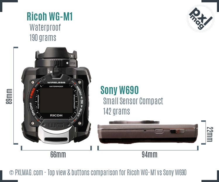 Ricoh WG-M1 vs Sony W690 top view buttons comparison