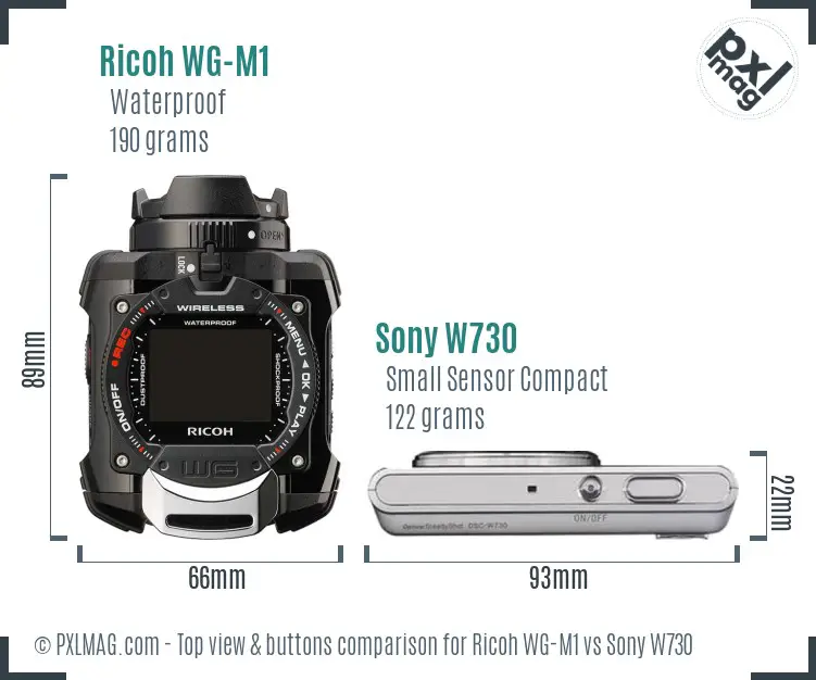 Ricoh WG-M1 vs Sony W730 top view buttons comparison