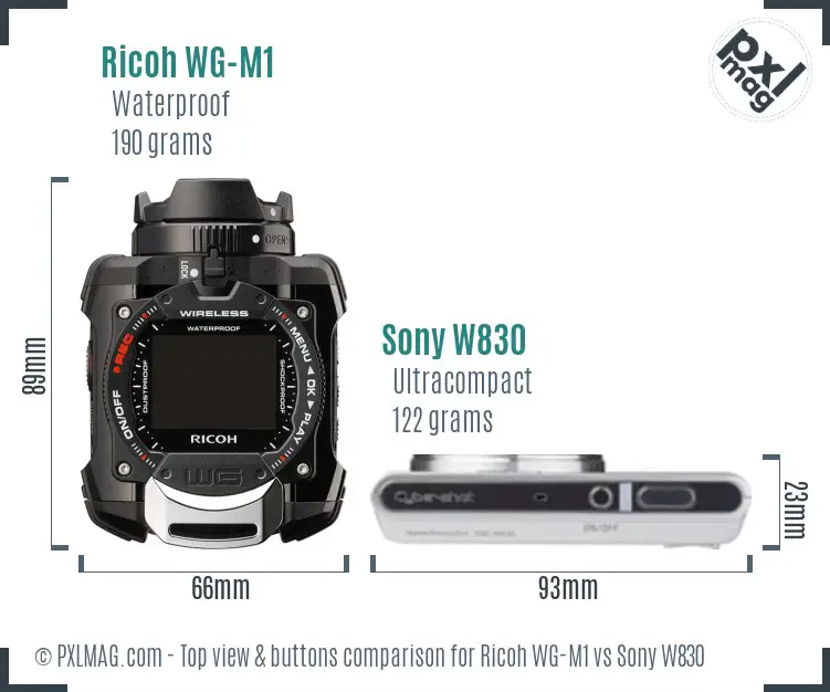 Ricoh WG-M1 vs Sony W830 top view buttons comparison