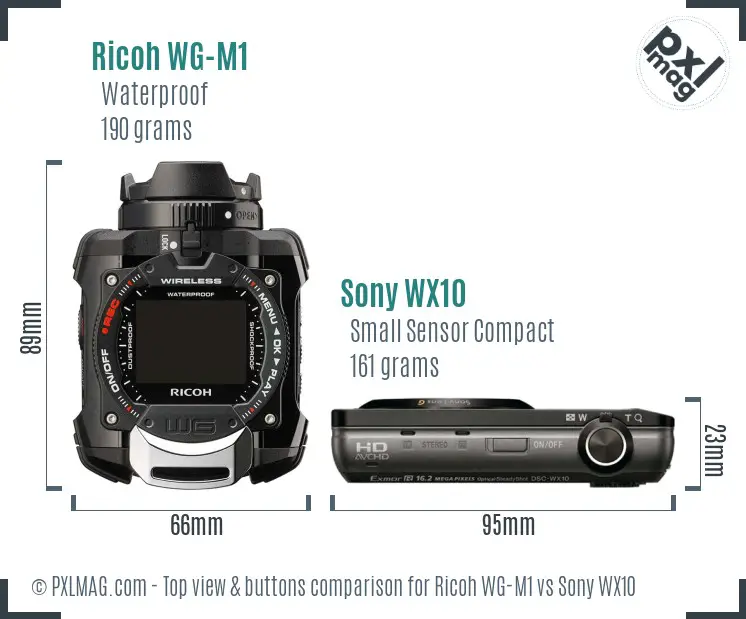 Ricoh WG-M1 vs Sony WX10 top view buttons comparison