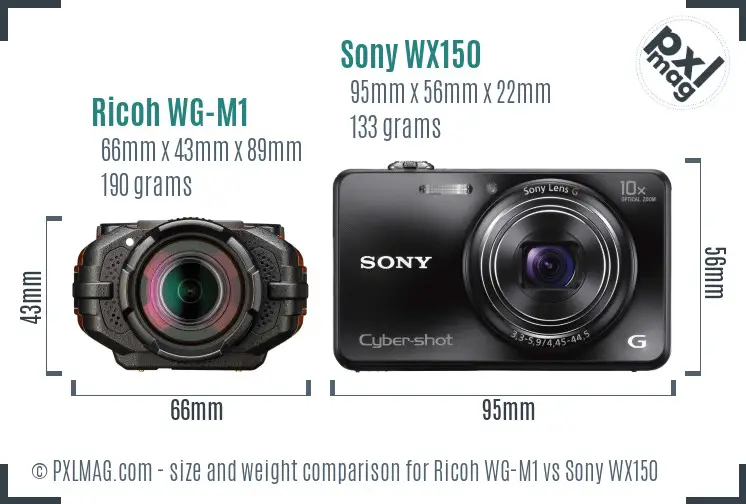 Ricoh WG-M1 vs Sony WX150 size comparison