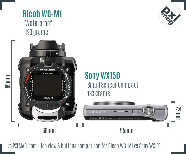 Ricoh WG-M1 vs Sony WX150 top view buttons comparison