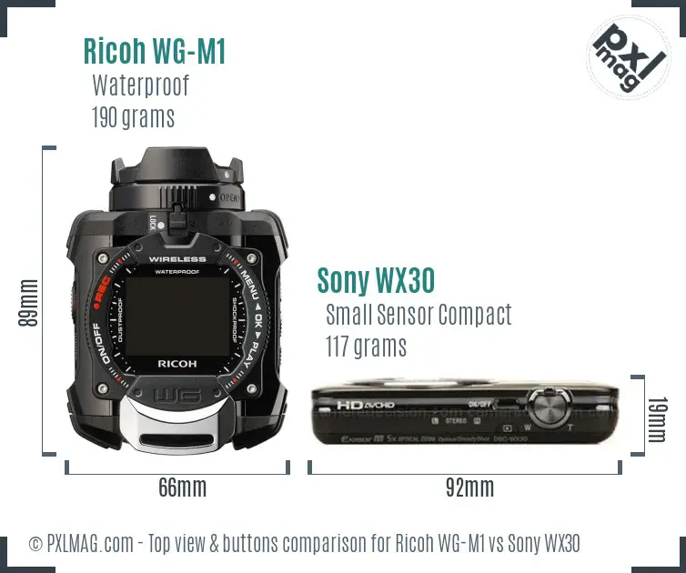 Ricoh WG-M1 vs Sony WX30 top view buttons comparison