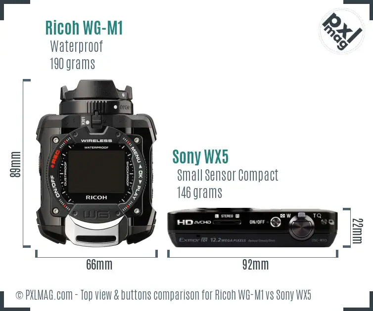 Ricoh WG-M1 vs Sony WX5 top view buttons comparison