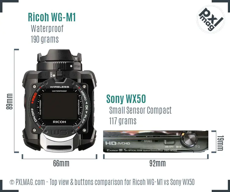 Ricoh WG-M1 vs Sony WX50 top view buttons comparison
