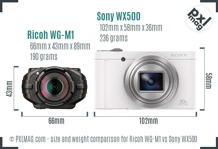 Ricoh WG-M1 vs Sony WX500 size comparison