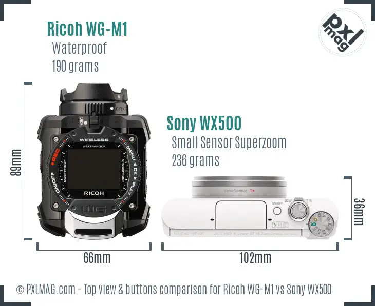 Ricoh WG-M1 vs Sony WX500 top view buttons comparison