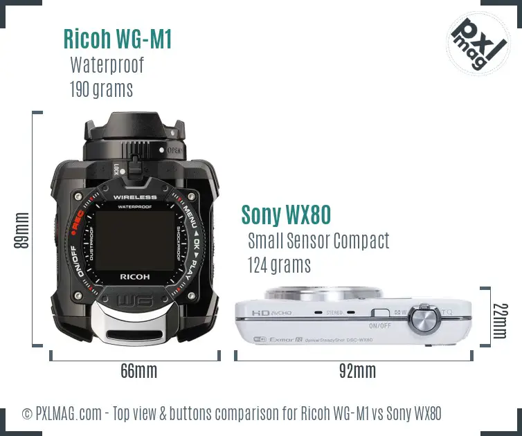 Ricoh WG-M1 vs Sony WX80 top view buttons comparison