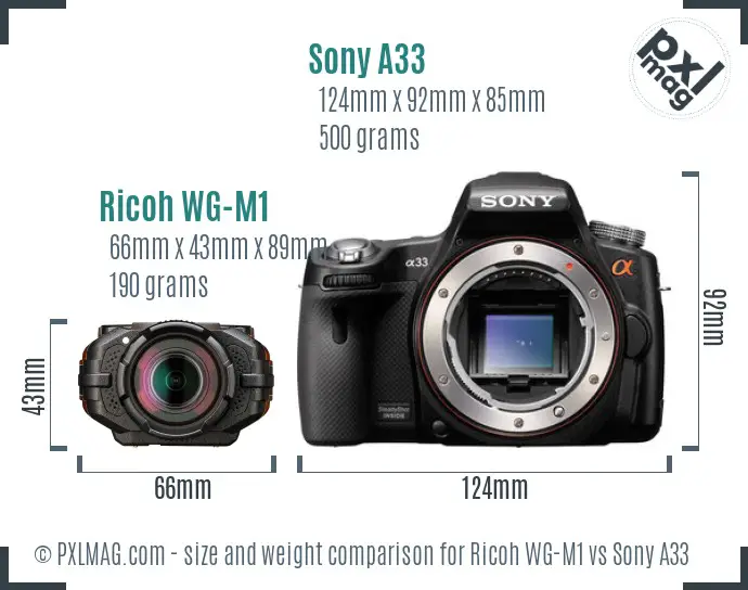 Ricoh WG-M1 vs Sony A33 size comparison