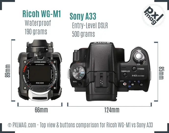 Ricoh WG-M1 vs Sony A33 top view buttons comparison