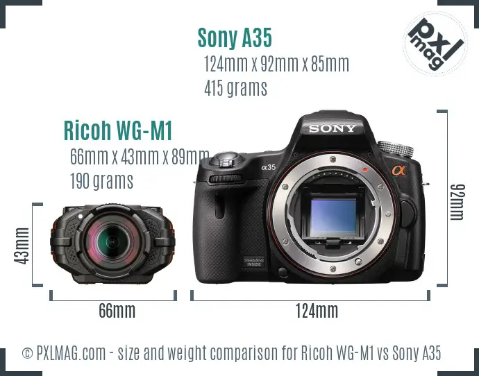 Ricoh WG-M1 vs Sony A35 size comparison