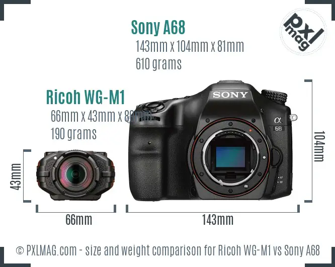 Ricoh WG-M1 vs Sony A68 size comparison
