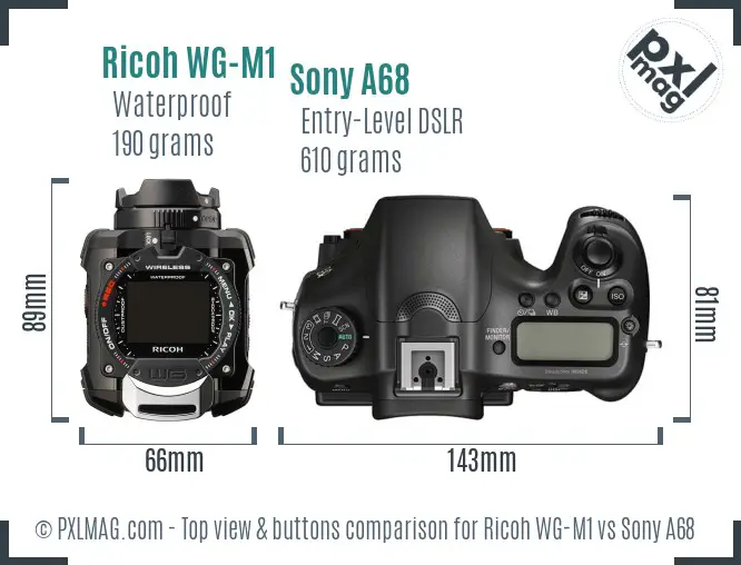 Ricoh WG-M1 vs Sony A68 top view buttons comparison