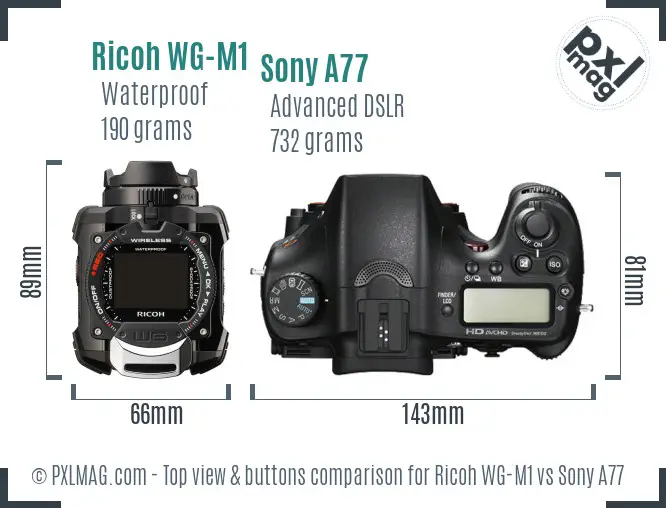 Ricoh WG-M1 vs Sony A77 top view buttons comparison