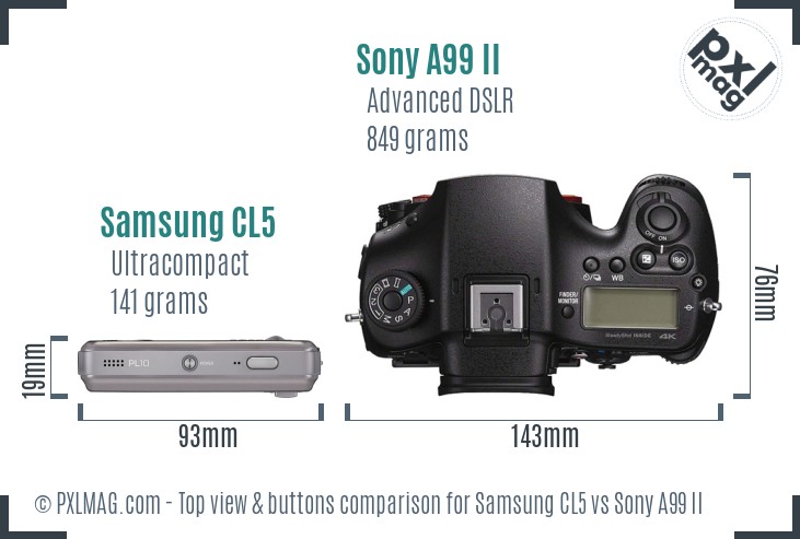 Samsung CL5 vs Sony A99 II top view buttons comparison