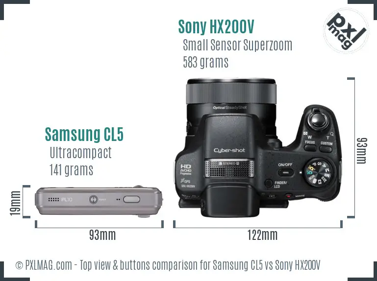Samsung CL5 vs Sony HX200V top view buttons comparison Samsung CL5 vs Sony HX200V top view buttons comparison
