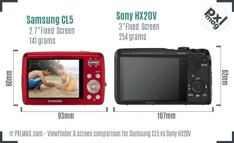 Samsung CL5 vs Sony HX20V Screen and Viewfinder comparison
