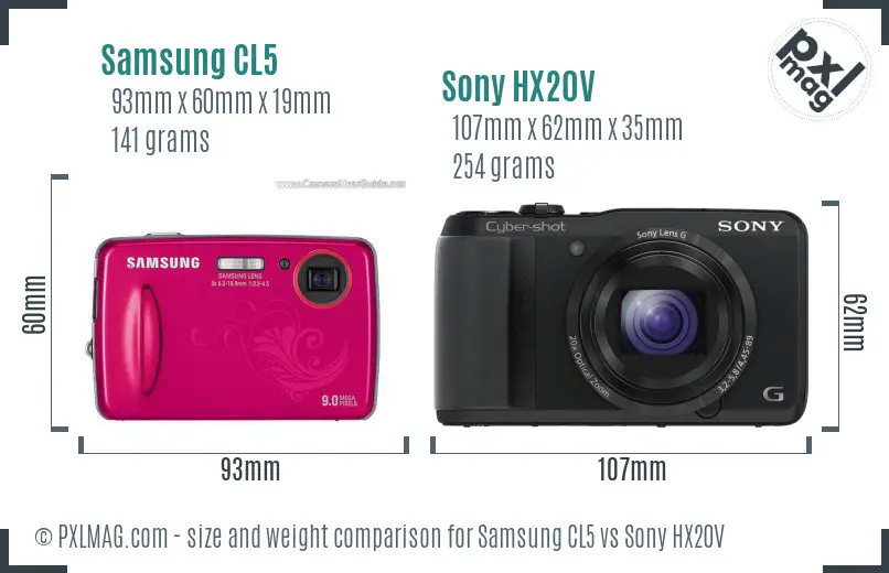 Samsung CL5 vs Sony HX20V size comparison