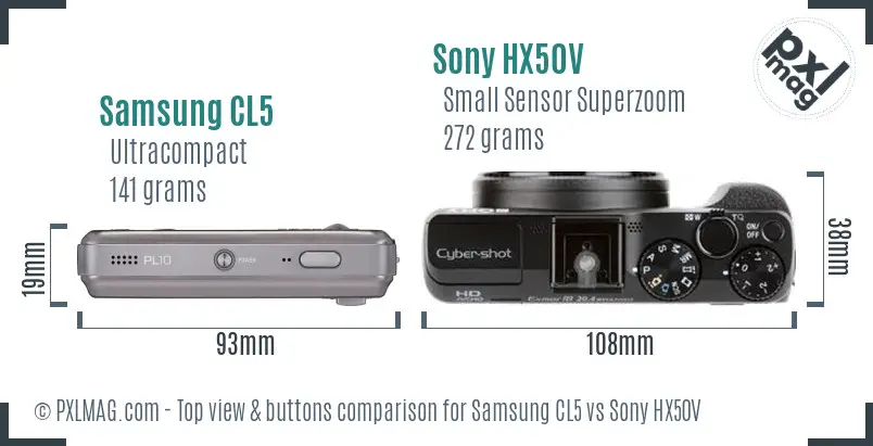 Samsung CL5 vs Sony HX50V top view buttons comparison