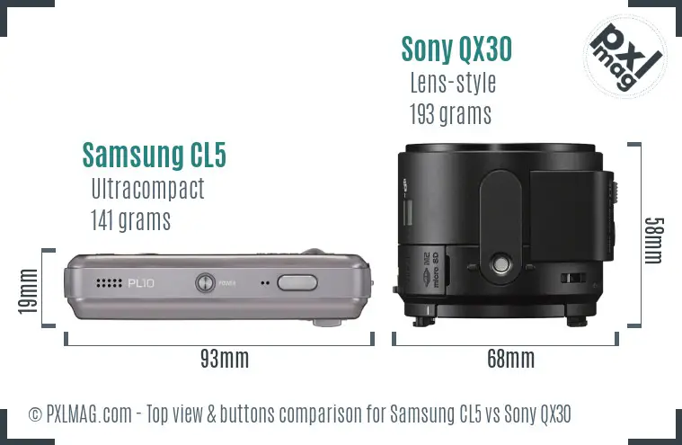 Samsung CL5 vs Sony QX30 top view buttons comparison Samsung CL5 vs Sony QX30 top view buttons comparison
