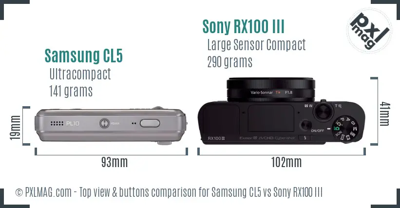 Samsung CL5 vs Sony RX100 III top view buttons comparison Samsung CL5 vs Sony RX100 III top view buttons comparison