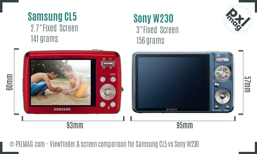 Samsung CL5 vs Sony W230 Screen and Viewfinder comparison