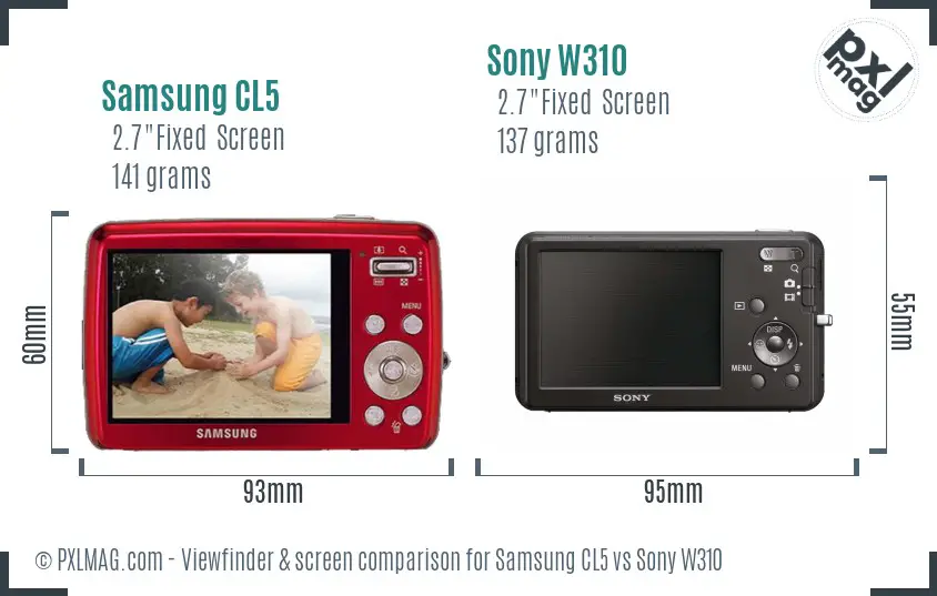 Samsung CL5 vs Sony W310 Screen and Viewfinder comparison