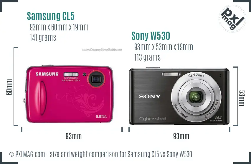 Samsung CL5 vs Sony W530 size comparison