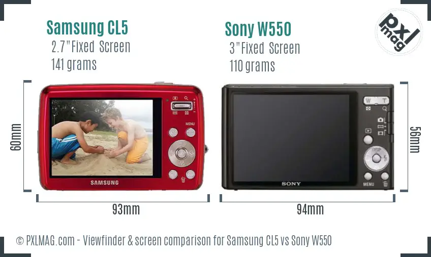 Samsung CL5 vs Sony W550 Screen and Viewfinder comparison