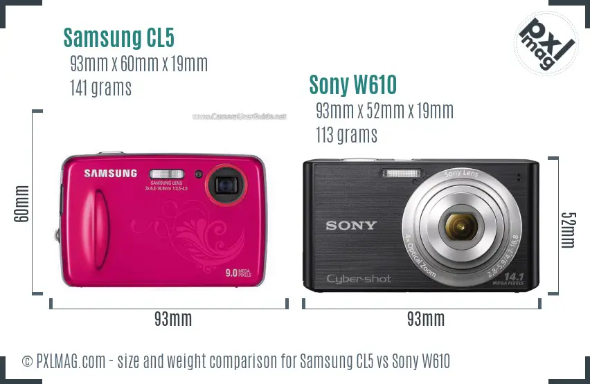 Samsung CL5 vs Sony W610 size comparison