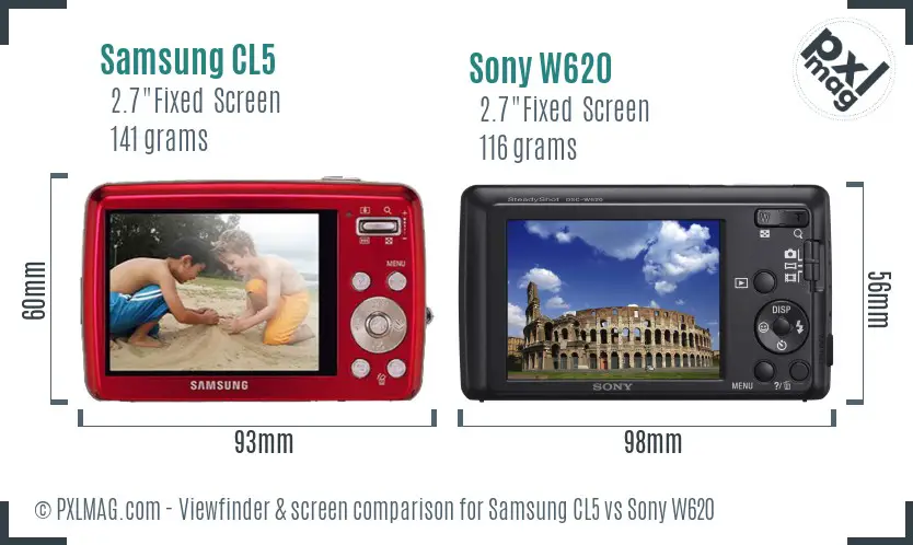 Samsung CL5 vs Sony W620 Screen and Viewfinder comparison