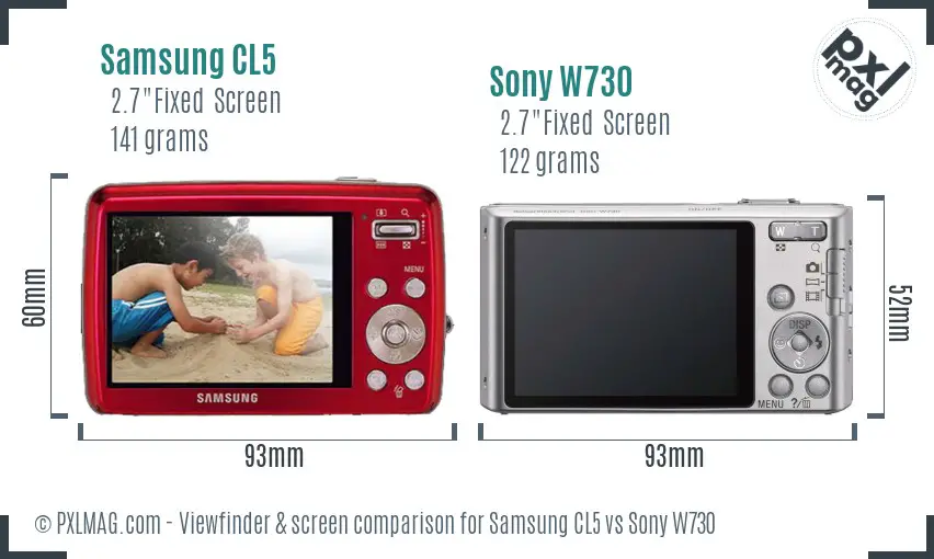 Samsung CL5 vs Sony W730 Screen and Viewfinder comparison