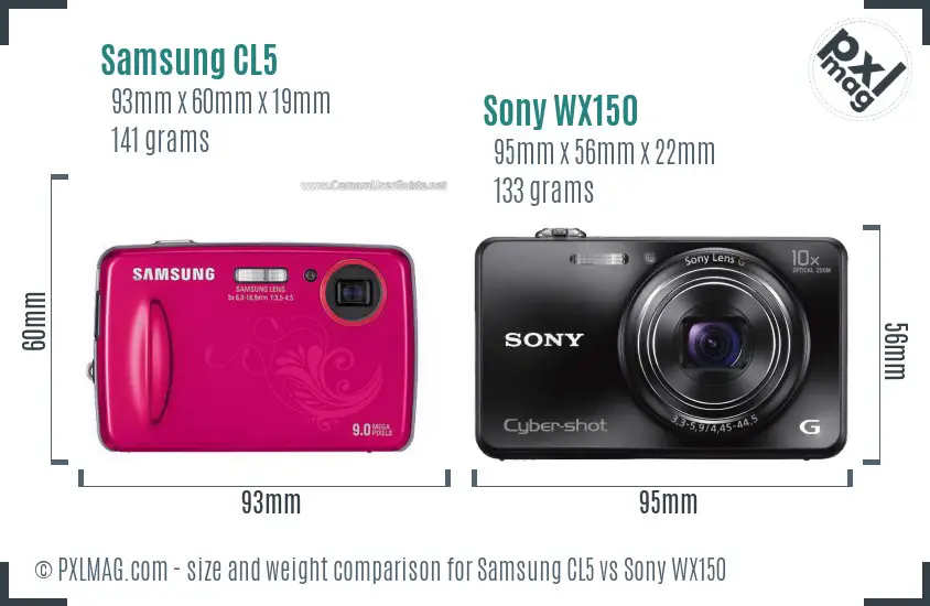 Samsung CL5 vs Sony WX150 size comparison