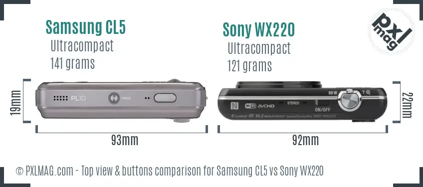 Samsung CL5 vs Sony WX220 top view buttons comparison