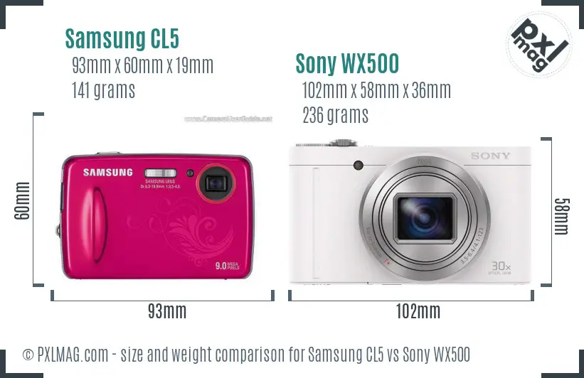 Samsung CL5 vs Sony WX500 size comparison