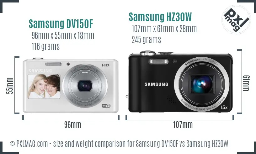 Samsung DV150F vs Samsung HZ30W size comparison