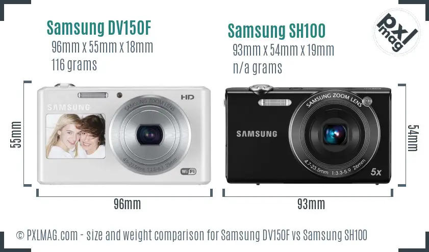 Samsung DV150F vs Samsung SH100 size comparison