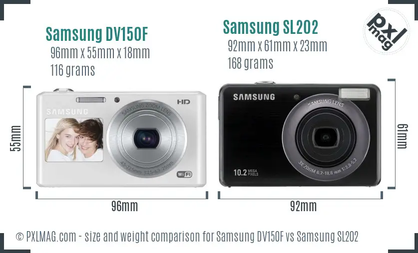Samsung DV150F vs Samsung SL202 size comparison