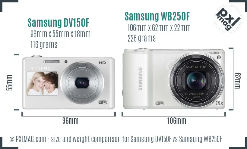 Samsung DV150F vs Samsung WB250F size comparison