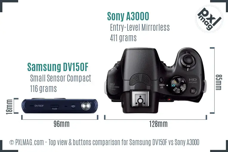 Samsung DV150F vs Sony A3000 top view buttons comparison